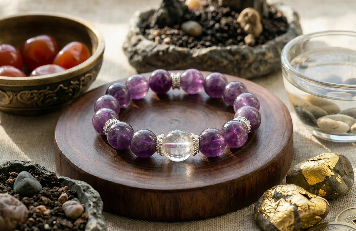 Purple Mica and Clear Quartz Bracelet Natural Energy Stone for Wealth Attraction and Luck Customized by Birth Date for Gift or Personal Use